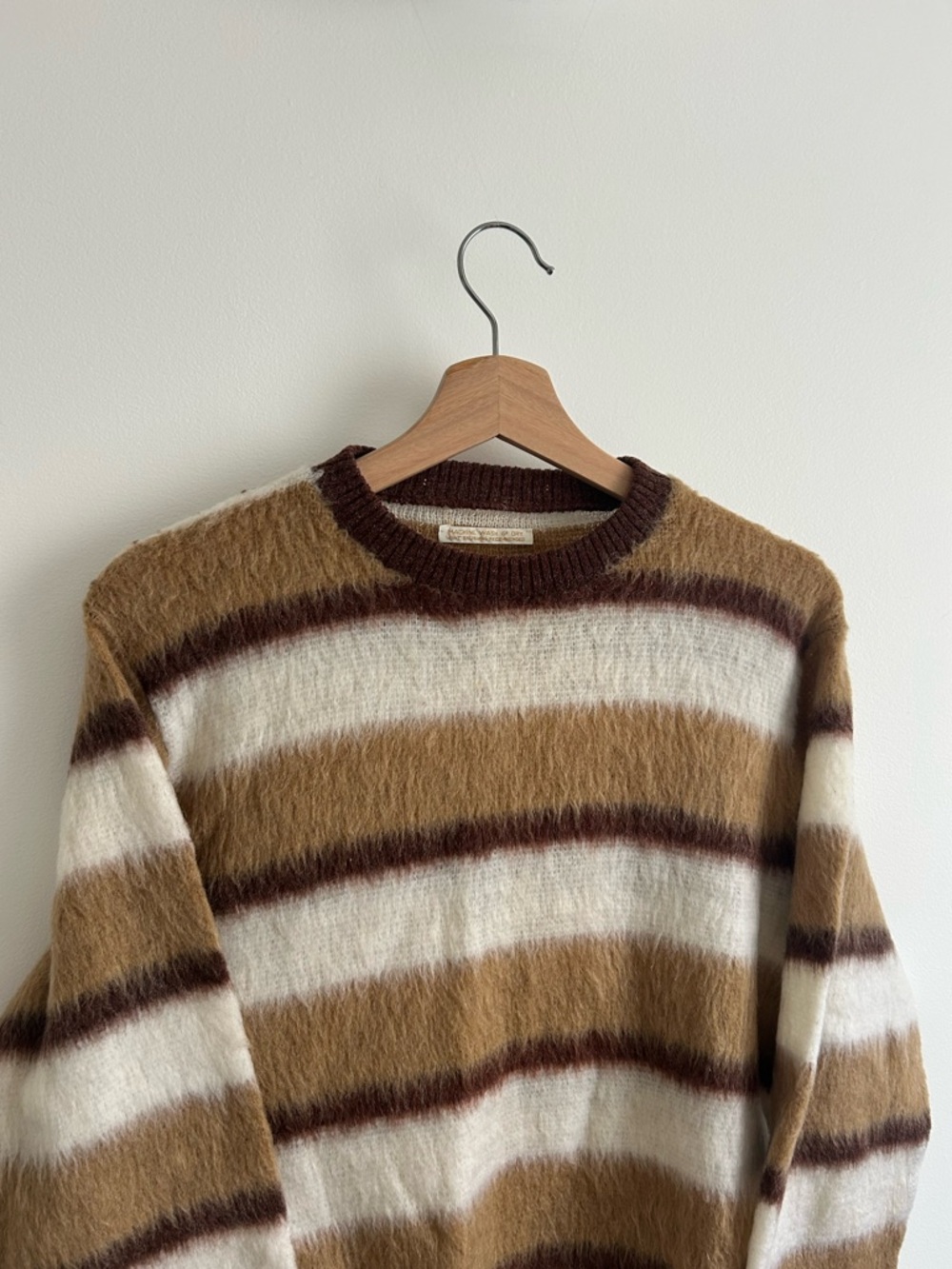 Striped Fuzzy Crewneck Sweater - Brown, Cream, Dark Brown